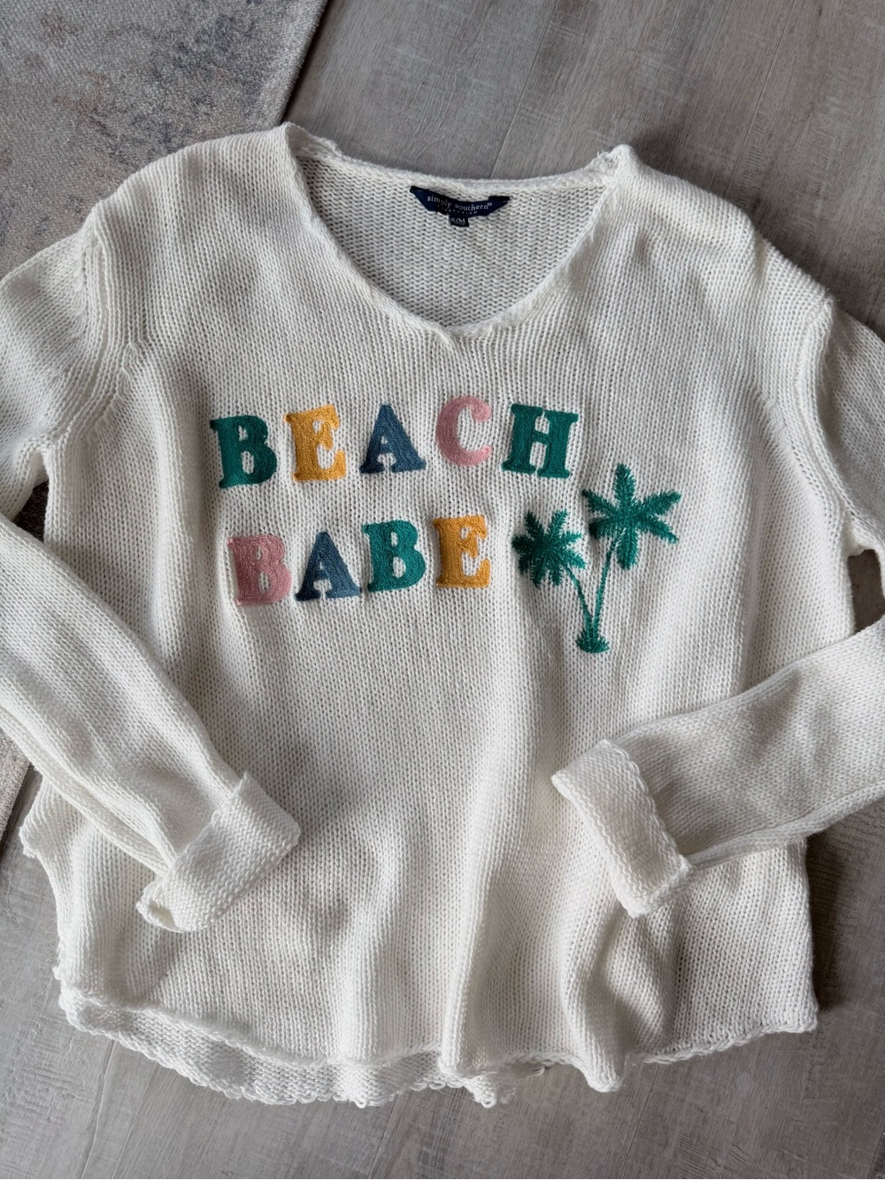Simply Southern Beach Babe White Knit V-neck Sweater, S/M